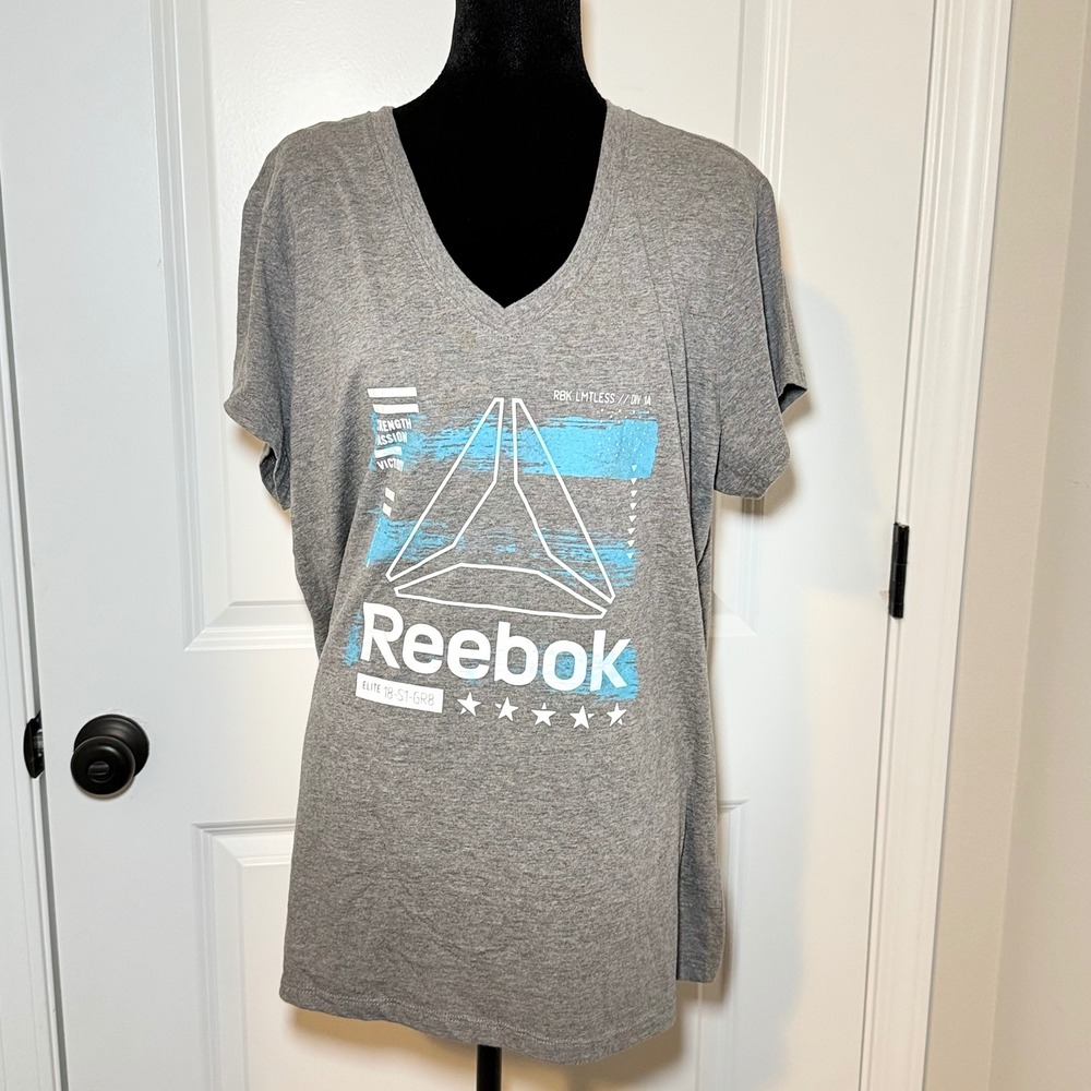 Reebok Womens 1X Heather Gray Graphic V-Neck Short Sleeve T-Shirt Athleisure
